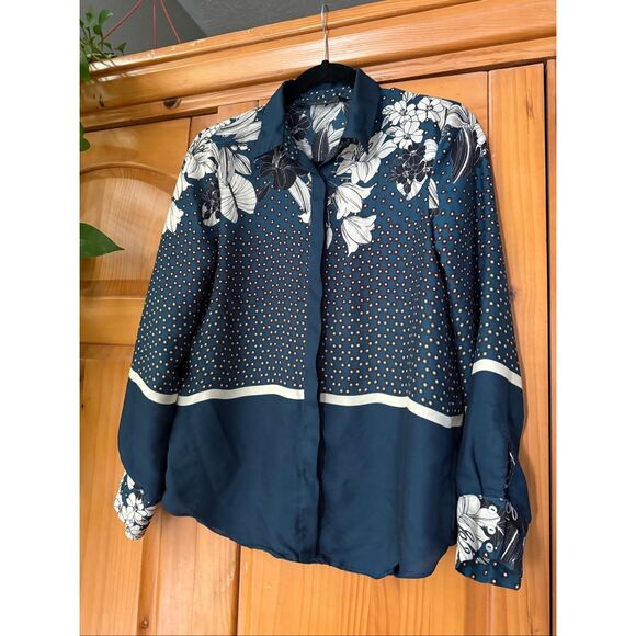 Zara Basic Collection Navy Floral & Polka Dot Button-Up Blouse Size Small - Picture 5 of 12